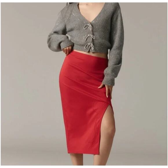 Maeve by Anthropologie Dresses & Skirts - NWT Maeve Anthropologie Bow Midi Pencil Skirt Red Size 12 Side Slit Stretch
